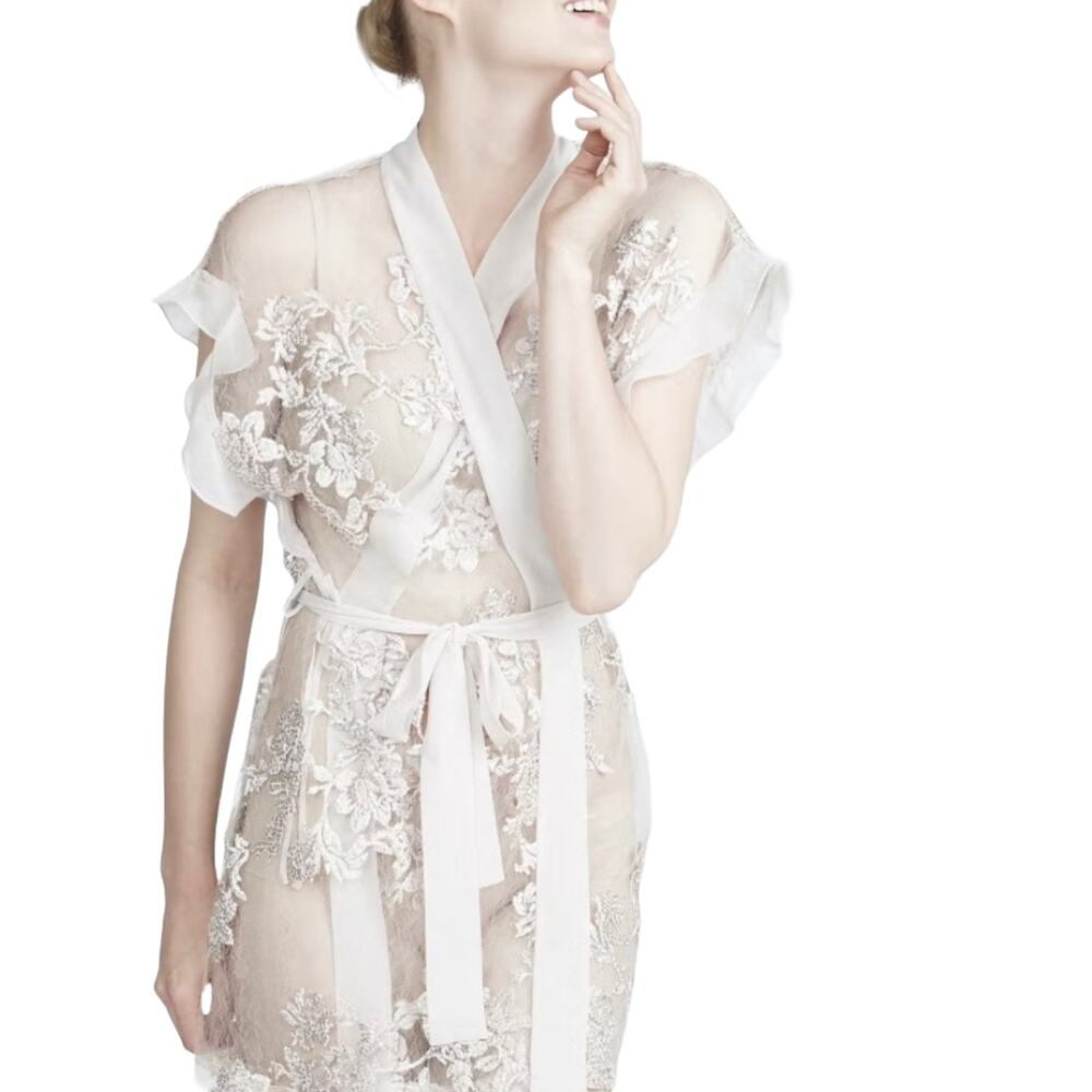 Rya Collection Charming Sheer Floral Mini Beige Ivory Robe Cover Up Size XS